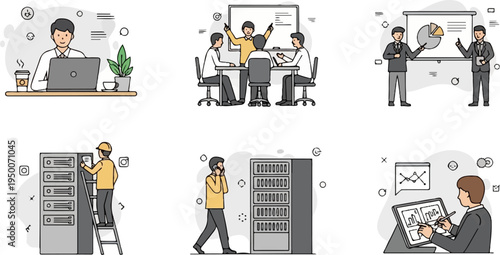 Diverse business people engage in various professional activities like meetings and data analysis