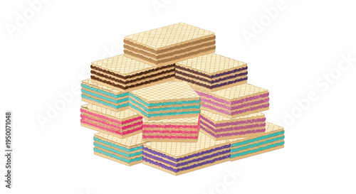 Delicious pile of assorted wafer biscuits featuring multiple flavors like chocolate, strawberry, and vanilla filling on white.