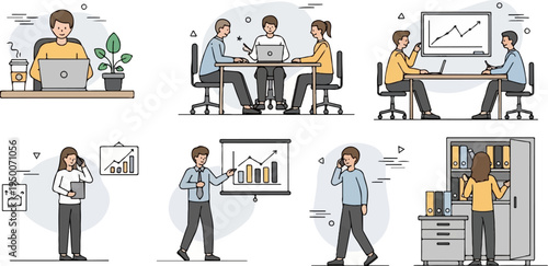 Diverse office scenes with people working, presenting, and organizing