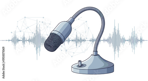 Modern professional desktop microphone with an adjustable neck shown against a background of digital audio sound wave patterns.