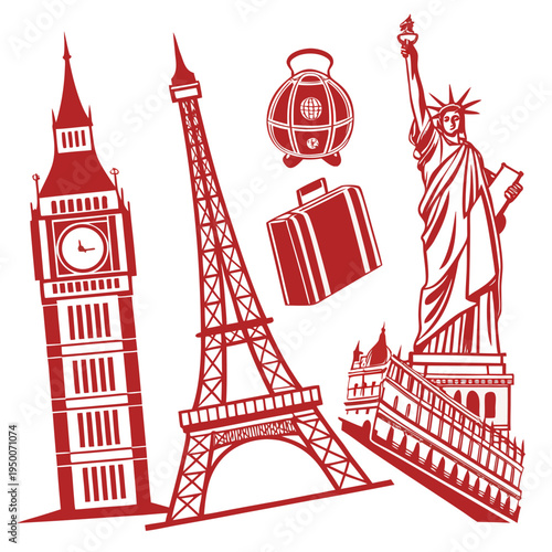 Iconic world landmarks: big ben, eiffel tower, statue of liberty, colosseum - travel icons, perfect for travel and tourism themes, business travel