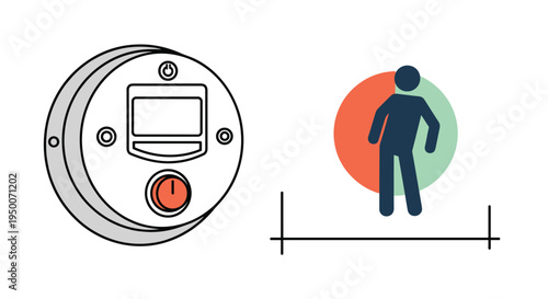 Illustration of a wall-mounted sensor or alarm device next to a stylized human figure showing detection range or activation.