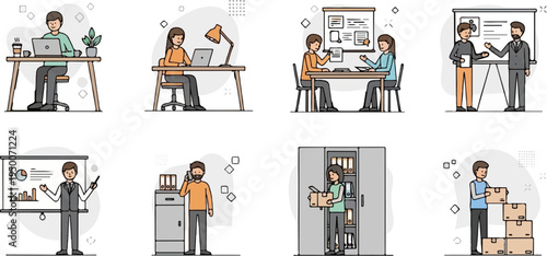 Collection of illustrations depicting office and work scenarios