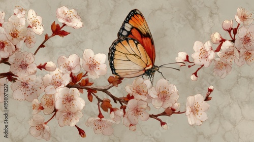 Butterfly resting on cherry blossoms