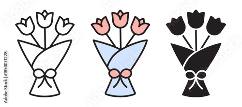 Spring tulip bouquet icon set. Includes minimalist line art with editable stroke, flat color style, and solid black silhouette. Professional Easter floral vector bundle for clean graphic design.