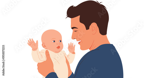 Loving father smiling warmly while holding his young infant baby up in the air in a moment of bonding and happiness.