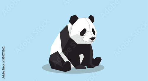 Stylized giant panda bear sitting down shown in a unique geometric polygon art style using black and white shapes.
