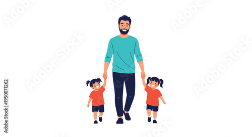 Happy father smiling and holding the hands of his twin young daughters while walking forward together on a white background.
