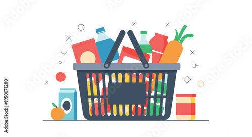 Plastic shopping basket overflowing with various groceries including a carrot, milk, water, bread, and other food items.