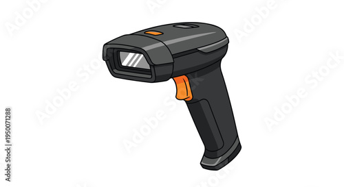 Handheld electronic barcode scanner with an orange trigger button shown in a professional perspective view on white.