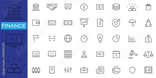 Corporate Finance and Banking Line Icon Set including Bank Building, Gold Bars, Legal Gavel, Financial Data Charts, and Secure Vault with Editable Stroke