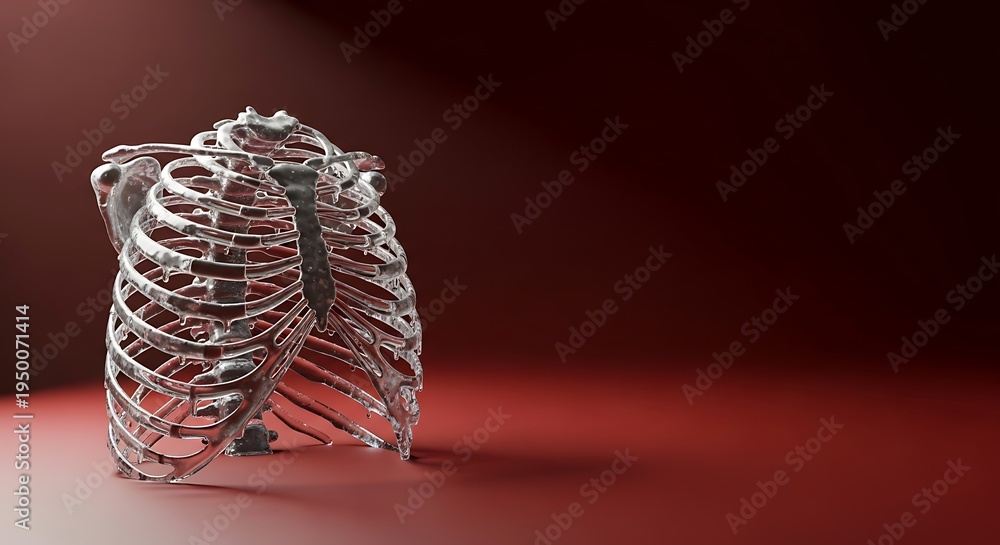 Fototapeta premium Metallic human rib cage displayed against dark red background