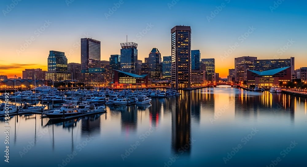 Obraz premium City skyline at dusk reflecting on water, boats docked, vibrant sky colors