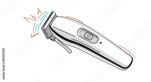 Modern electric hair clipper or trimmer shown in operation with vibration lines and a power button on a clean white background.