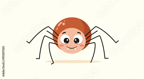 Adorable brown cartoon spider with large friendly eyes and a small smile standing on eight thin legs on a cream background.