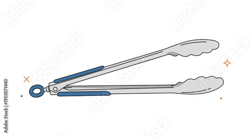Pair of stainless steel kitchen tongs with blue non-slip handles shown open against a white background with star accents.