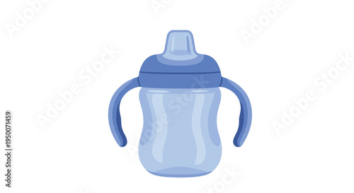 Light blue plastic baby sippy cup with a dark blue lid and two handles designed for easy grip for toddlers and infants.