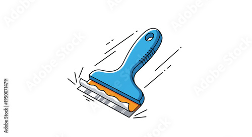 Blue and orange handheld paint scraper or putty knife tool shown in an action pose with motion lines on a white background.