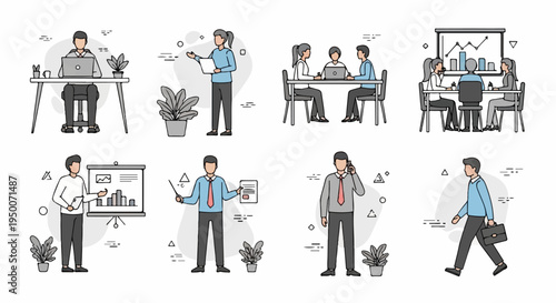 Diverse business people in various office and meeting scenarios, illustrated