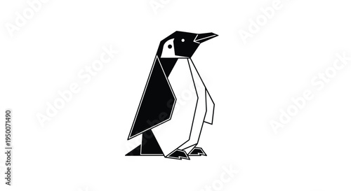 Stylized emperor penguin shown in a modern black and white geometric polygon art style standing alert on a white background.