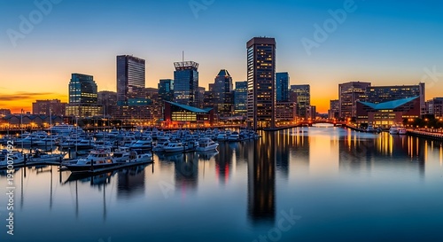 Wallpaper Mural City skyline at dusk reflecting on water, boats docked, vibrant sky colors Torontodigital.ca
