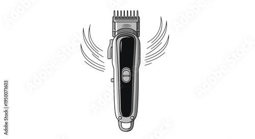 Vertical view of a professional electric hair trimmer or clipper with vibration lines indicating use for grooming and styling.