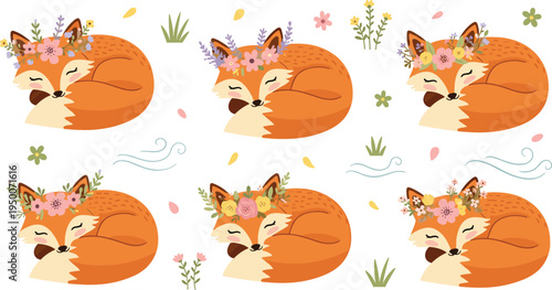 Cute sleeping fox with floral crown in peaceful woodland scene, adorable cartoon forest animal curled up with flowers and plants vector illustration set