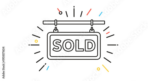Hanging sold sign with decorative radiating lines representing a successful real estate transaction or retail product sale.