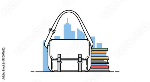 White messenger bag positioned in front of a blue city skyline and a stack of colorful books for education or travel themes.