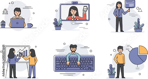 Diverse individuals engaged in various professional activities, including presentations and computer work