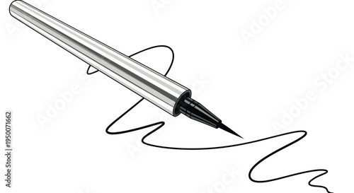 Silver eyeliner pen drawing a smooth wavy black line representing cosmetic products and beauty makeup application techniques.