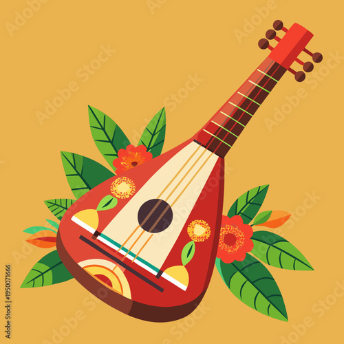Red Balalaika Instrument With Flowers and Leaves