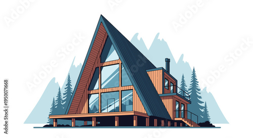 Modern wooden A-frame cabin located in a serene mountain forest landscape during winter for vacation and lifestyle themes.
