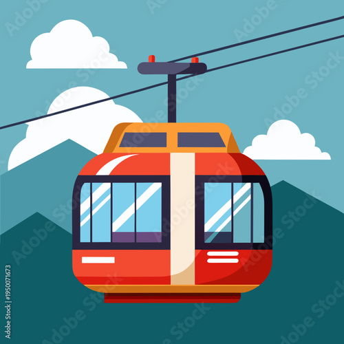 Red cable car ascending a mountain landscape