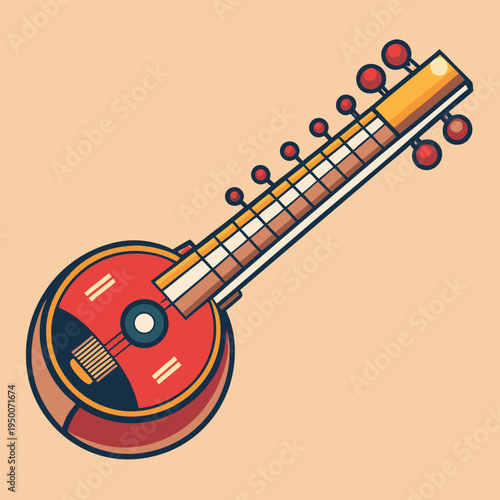 Red and Yellow Sarod Musical Instrument Vector Art