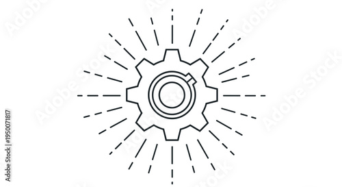 Industrial gear or cog icon surrounded by dashed radiating lines representing mechanical engineering and system processes.