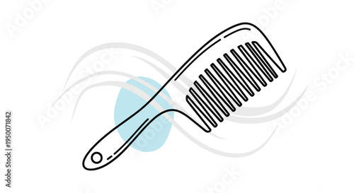 Black hair comb positioned with wavy strands of hair and a blue circle for hair care and beauty salon branding concepts.