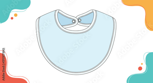 Soft blue baby bib illustration with colorful abstract shapes in the background for infant feeding and nursery themes.