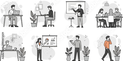 Diverse individuals engaged in various professional activities, including meetings and presentations