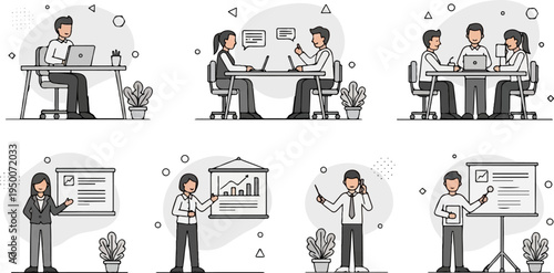 Diverse office scenarios featuring individuals collaborating and presenting in a stylized manner