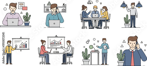 Diverse individuals engaged in various office tasks, from presentations to phone calls