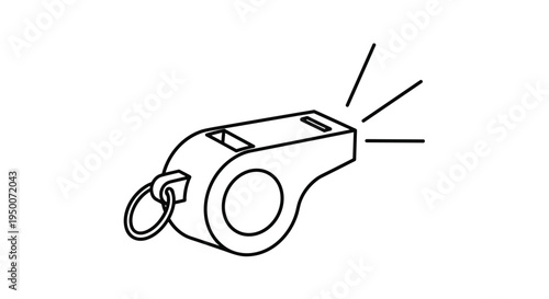 Black and white outline of a whistle with sound lines indicating an alert or referee signal for sports and games.
