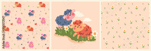 Seamless baby pattern, cute childish textile print of hand drawn little animals, cartoon sheep, simple floral decor. Set of textures, card. Small sheep, mini flowers, hearts. Vector illustration.