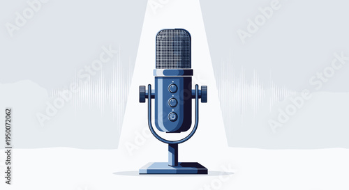 Professional condenser microphone with a sound wave frequency background for podcasting and music recording concepts.
