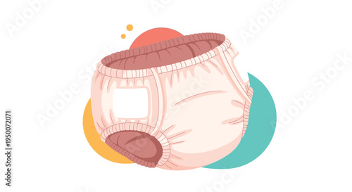 White baby diaper or pull up pants illustration with colorful background shapes for nursery and infant care products.