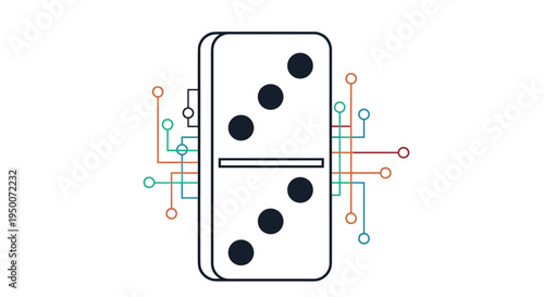 Single white domino tile with black pips is integrated into a colorful electronic circuit board design with nodes and paths.
