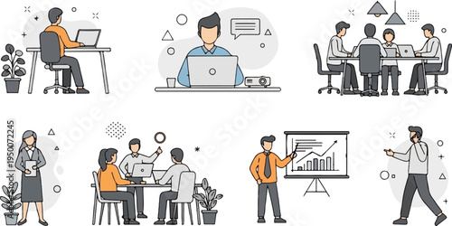 Diverse individuals collaborate in office settings, presenting data, and engaging in discussions