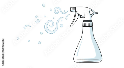 Transparent plastic spray bottle with a white trigger nozzle releases a fine mist of water droplets in a clean line art style.