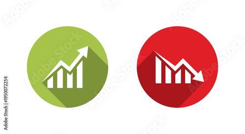 Uptrend and downtrend graph icon with long shadow. Growth and drop chart symbol