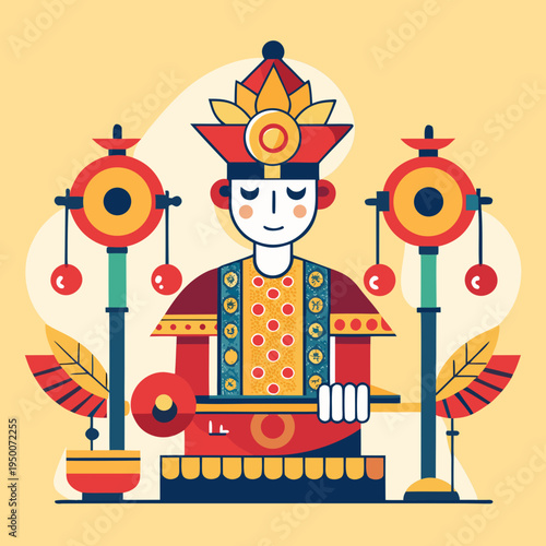 Traditional Ensemble Character with Cultural Symbols